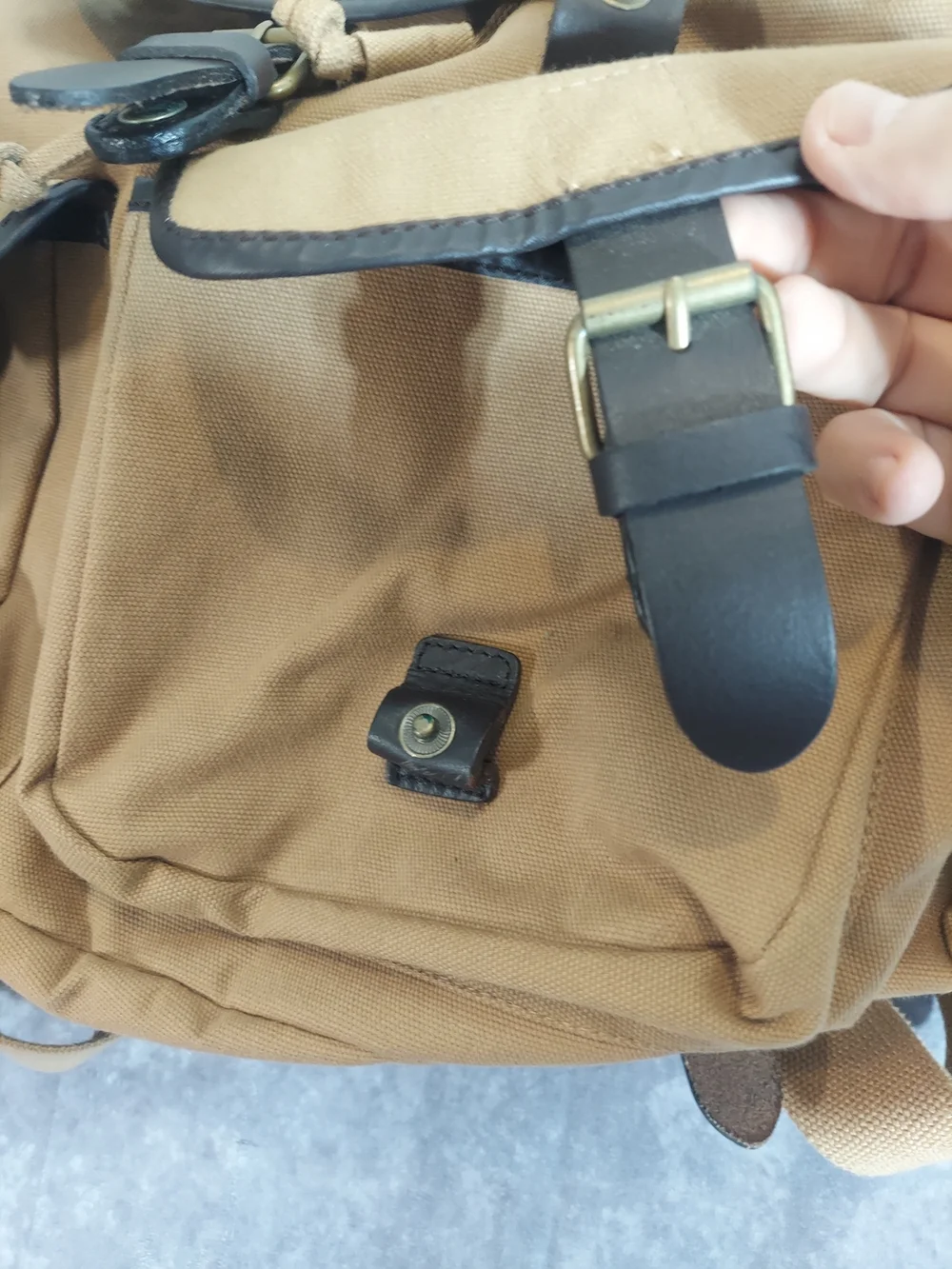 VTG GAP Canvas Military Rucksack Backpack Khaki Brown Leather Trim Utility